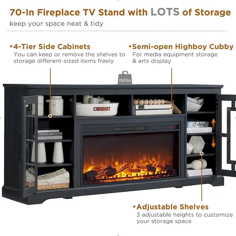 70-Inch Farmhouse TV Stand with Built-In Electric Fireplace, White, Fits 80-Inch TV