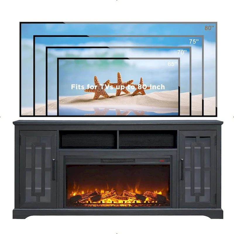 70-Inch Farmhouse TV Stand with Built-In Electric Fireplace, White, Fits 80-Inch TV