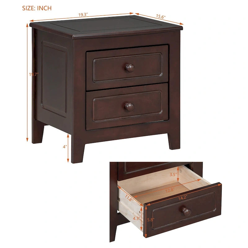 2-Drawer Nightstand Walnut White Mid-Century Retro Bedside Table