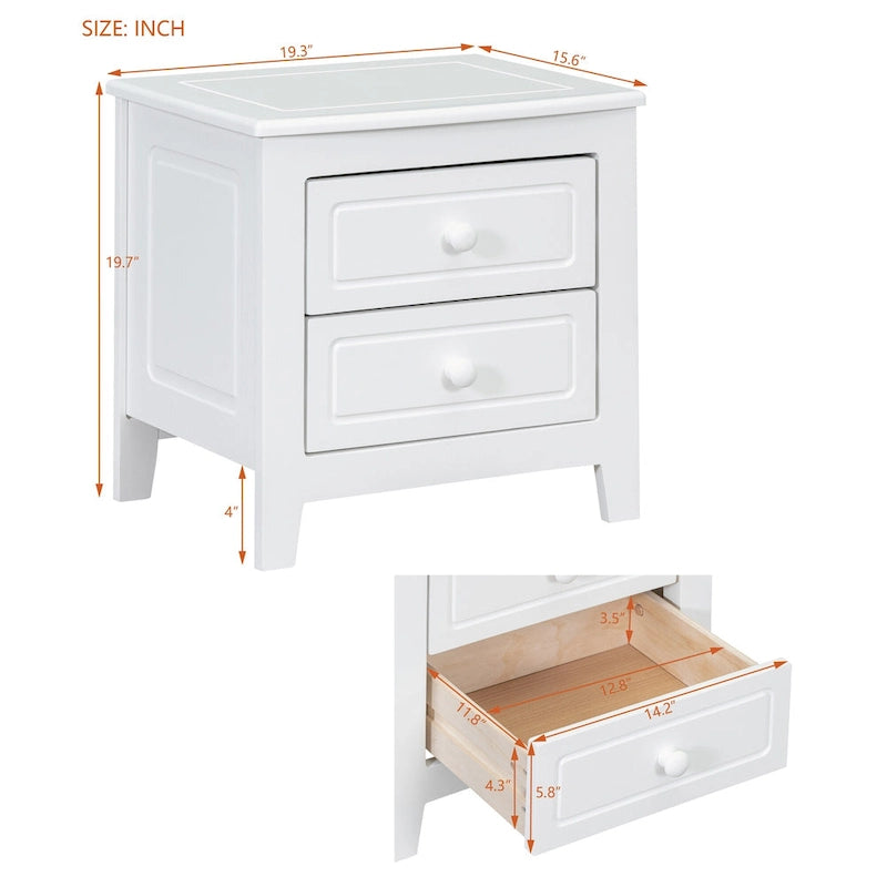 2-Drawer Nightstand Walnut White Mid-Century Retro Bedside Table