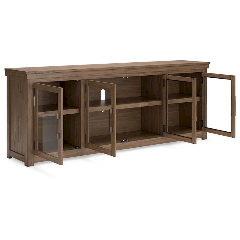 Extra Large TV Media Console with 4 Glass Doors Brown Wood