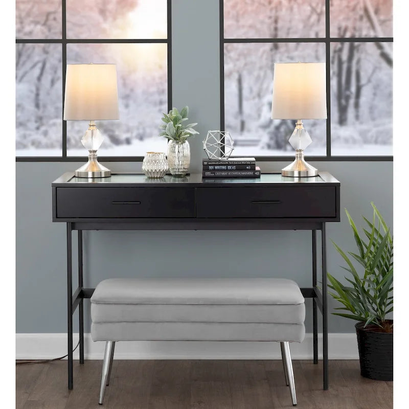 Modern Glass Top Console Table with Two Drawers, Black or White