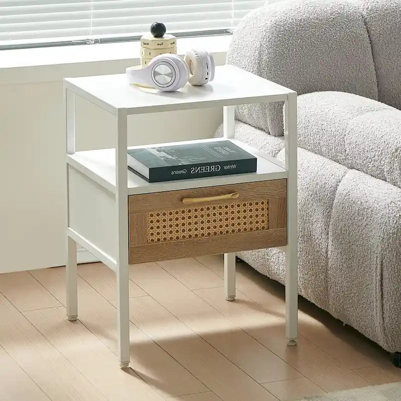 Boho Rattan Drawer Nightstand with Open Shelf and Black Metal Legs