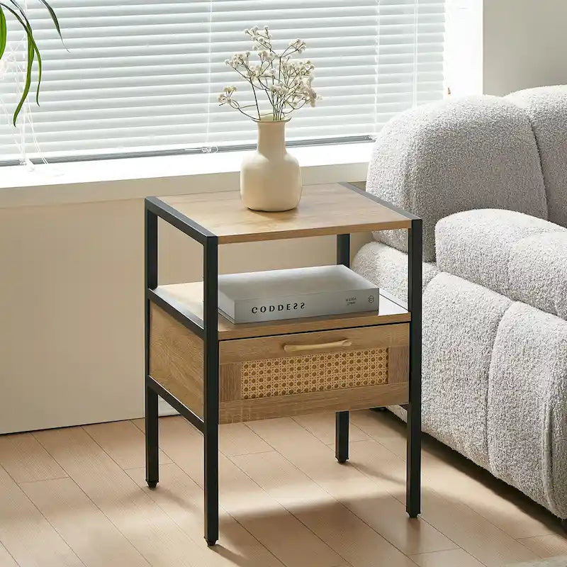 Boho Rattan Drawer Nightstand with Open Shelf and Black Metal Legs