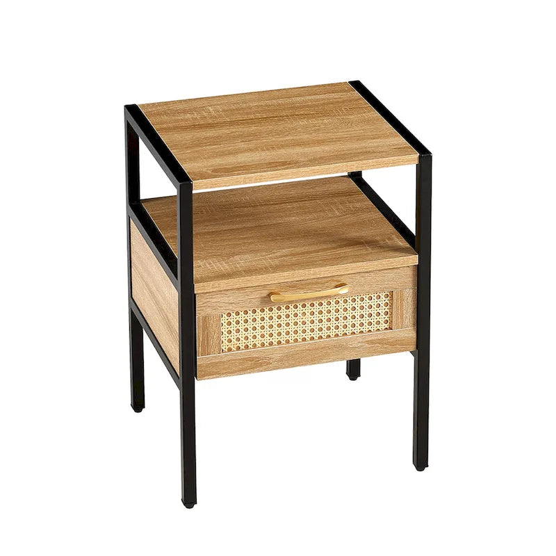 Boho Rattan Drawer Nightstand with Open Shelf and Black Metal Legs