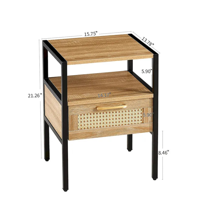 Boho Rattan Drawer Nightstand with Open Shelf and Black Metal Legs