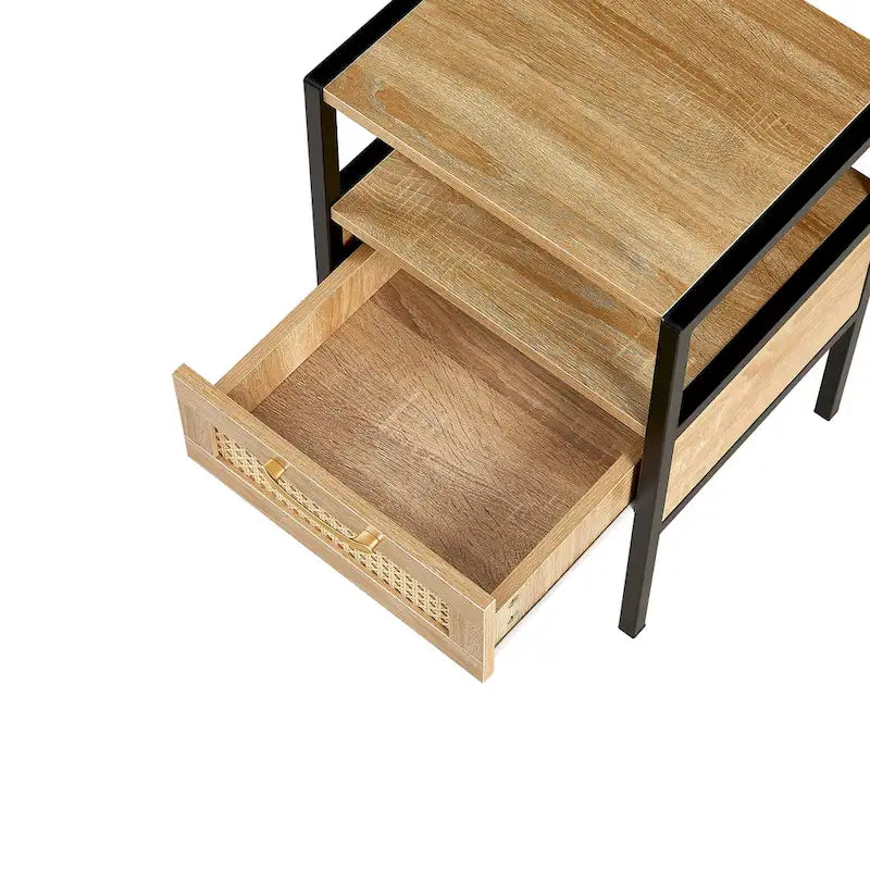 Boho Rattan Drawer Nightstand with Open Shelf and Black Metal Legs