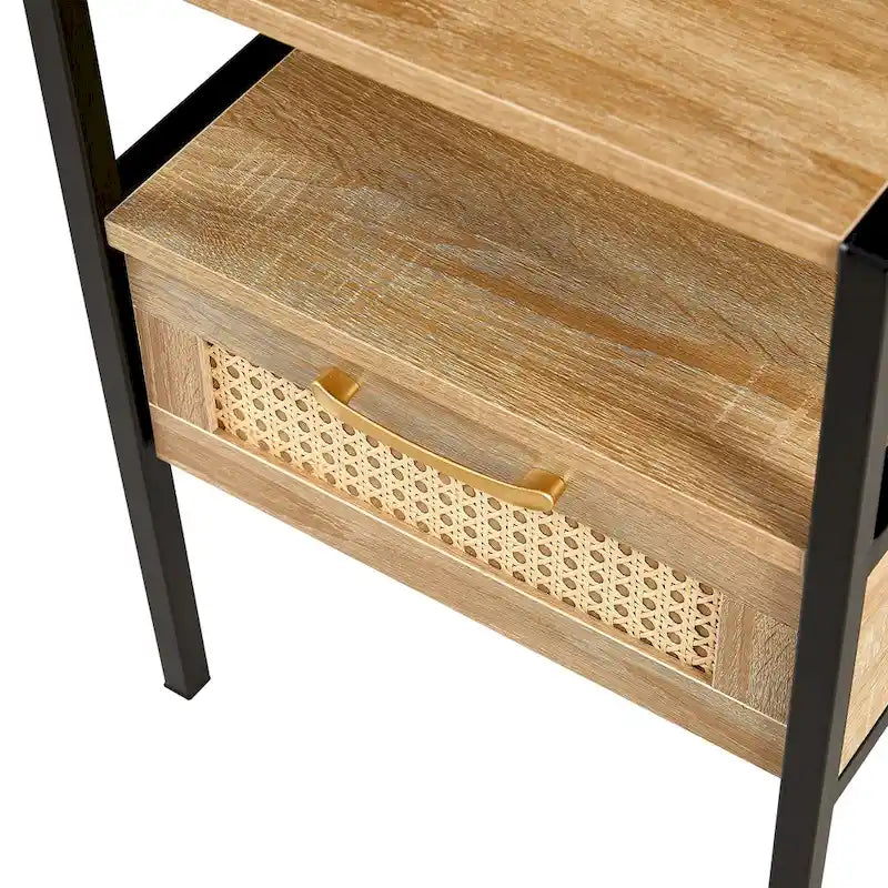 Boho Rattan Drawer Nightstand with Open Shelf and Black Metal Legs