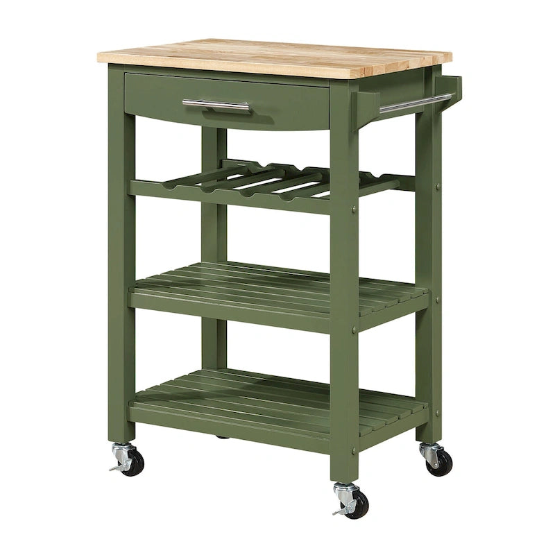 4-Tier Rolling Kitchen Cart with Butcher Block Top, Drawer and Wine Rack