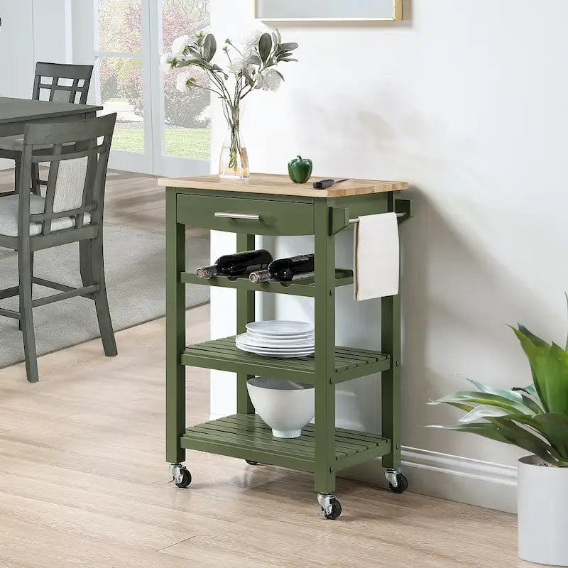 4-Tier Rolling Kitchen Cart with Butcher Block Top, Drawer and Wine Rack