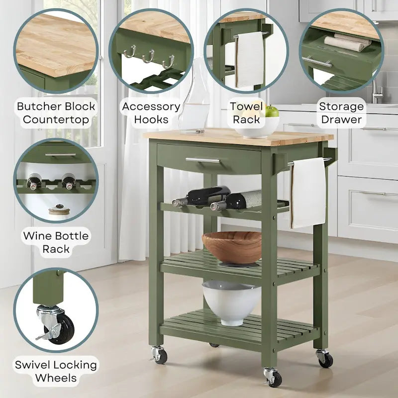 4-Tier Rolling Kitchen Cart with Butcher Block Top, Drawer and Wine Rack
