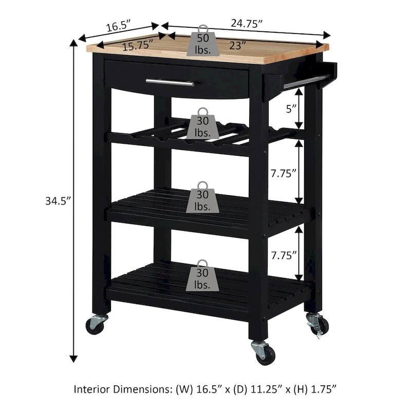 4-Tier Rolling Kitchen Cart with Butcher Block Top, Drawer and Wine Rack