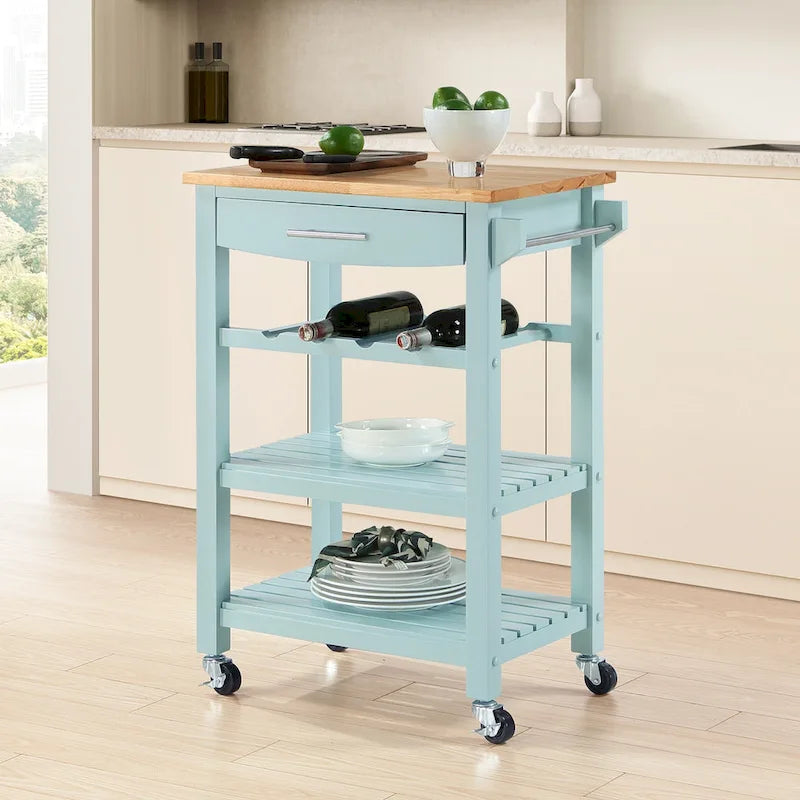 4-Tier Rolling Kitchen Cart with Butcher Block Top, Drawer and Wine Rack