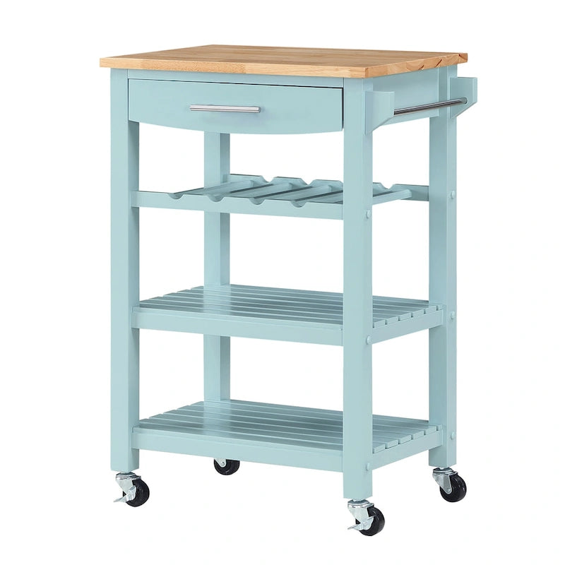 4-Tier Rolling Kitchen Cart with Butcher Block Top, Drawer and Wine Rack