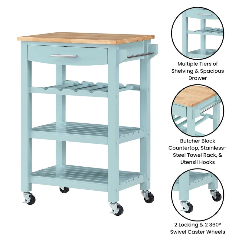 4-Tier Rolling Kitchen Cart with Butcher Block Top, Drawer and Wine Rack