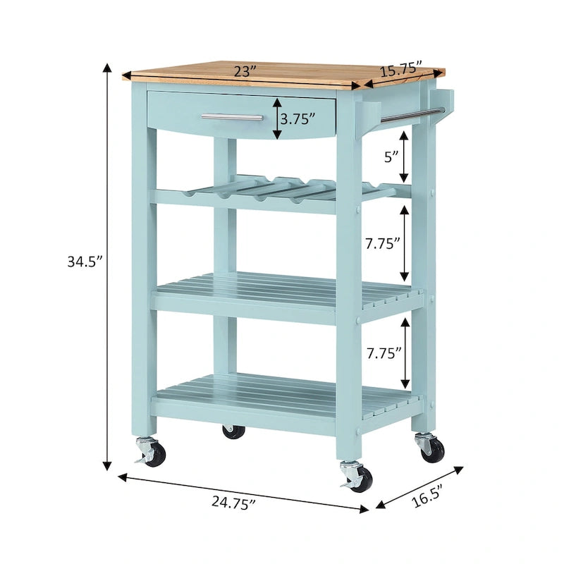 4-Tier Rolling Kitchen Cart with Butcher Block Top, Drawer and Wine Rack