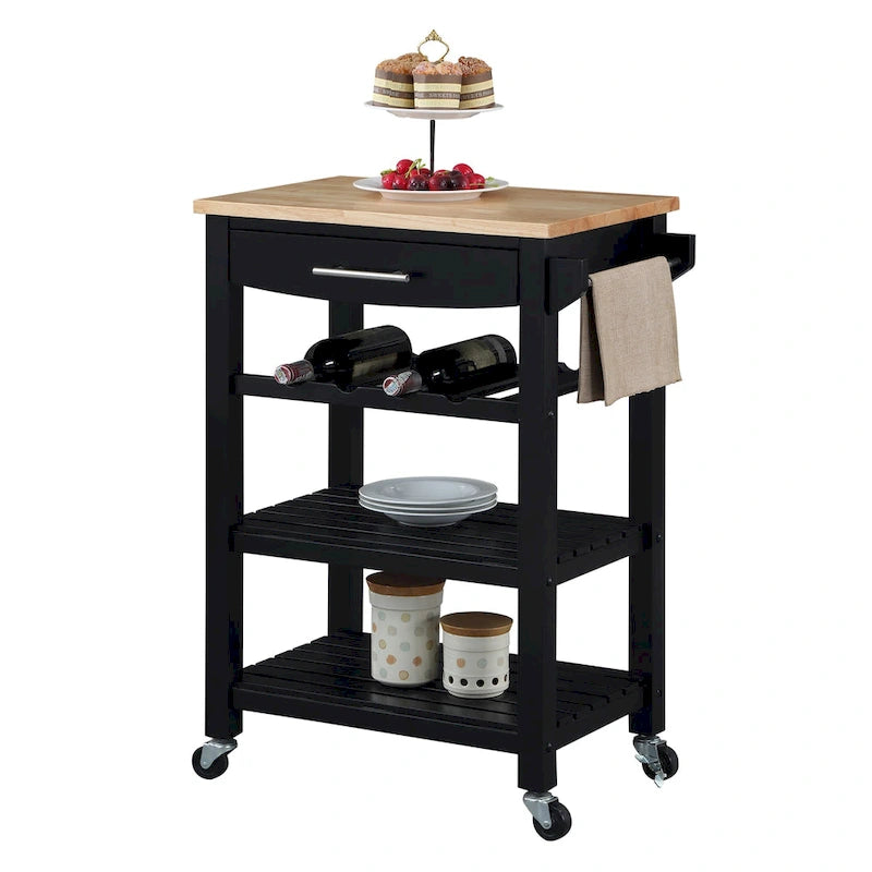 4-Tier Rolling Kitchen Cart with Butcher Block Top, Drawer and Wine Rack