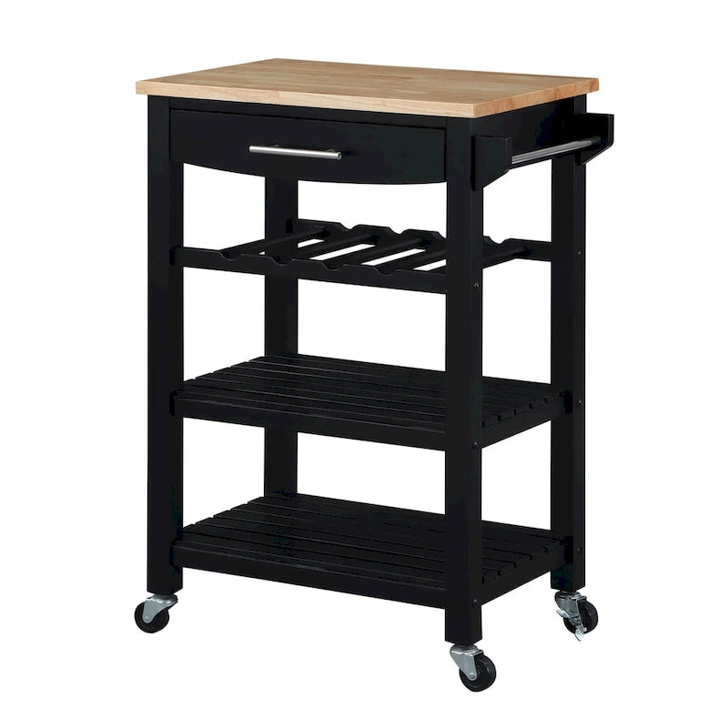 4-Tier Rolling Kitchen Cart with Butcher Block Top, Drawer and Wine Rack