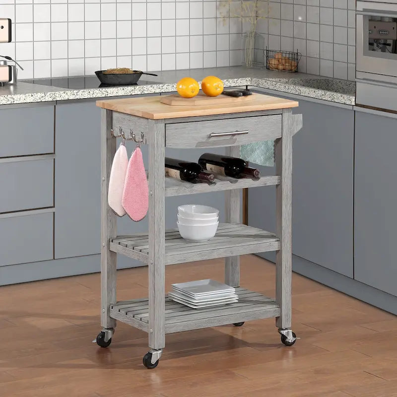 4-Tier Rolling Kitchen Cart with Butcher Block Top, Drawer and Wine Rack