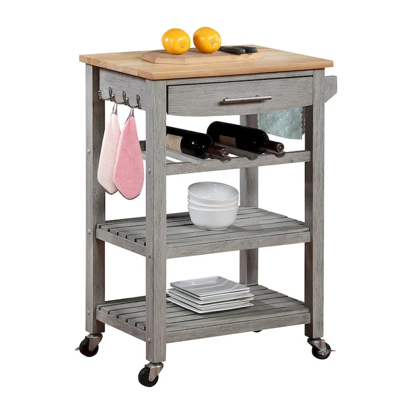 4-Tier Rolling Kitchen Cart with Butcher Block Top, Drawer and Wine Rack