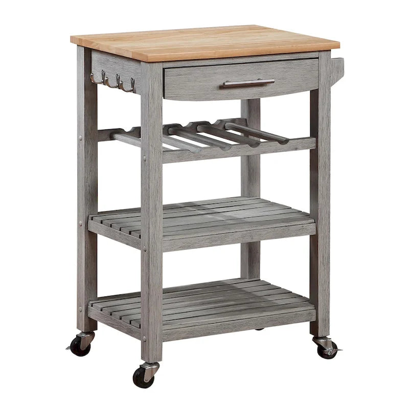 4-Tier Rolling Kitchen Cart with Butcher Block Top, Drawer and Wine Rack