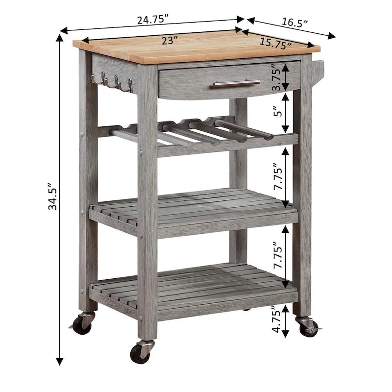 4-Tier Rolling Kitchen Cart with Butcher Block Top, Drawer and Wine Rack