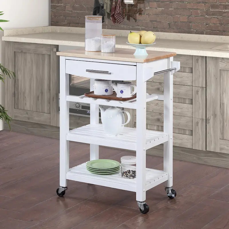 4-Tier Rolling Kitchen Cart with Butcher Block Top, Drawer and Wine Rack