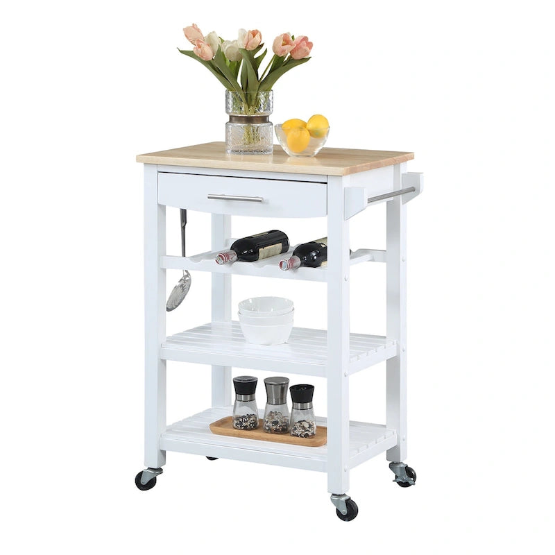 4-Tier Rolling Kitchen Cart with Butcher Block Top, Drawer and Wine Rack