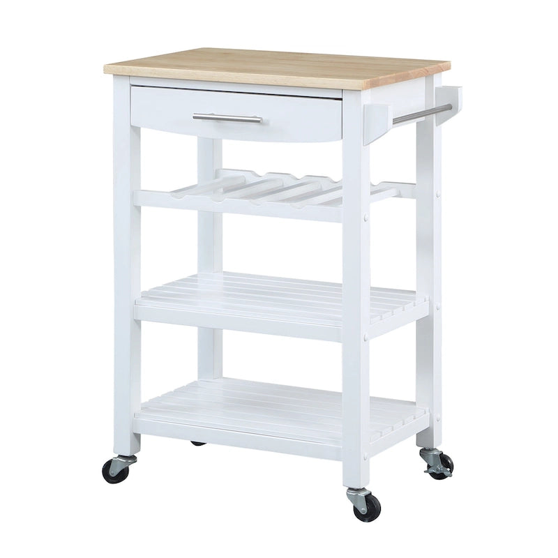 4-Tier Rolling Kitchen Cart with Butcher Block Top, Drawer and Wine Rack