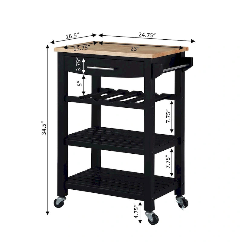 4-Tier Rolling Kitchen Cart with Butcher Block Top, Drawer and Wine Rack