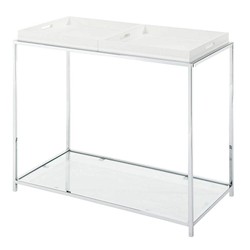 Chrome Console Table with Glass Shelves and Reversible Serving Trays