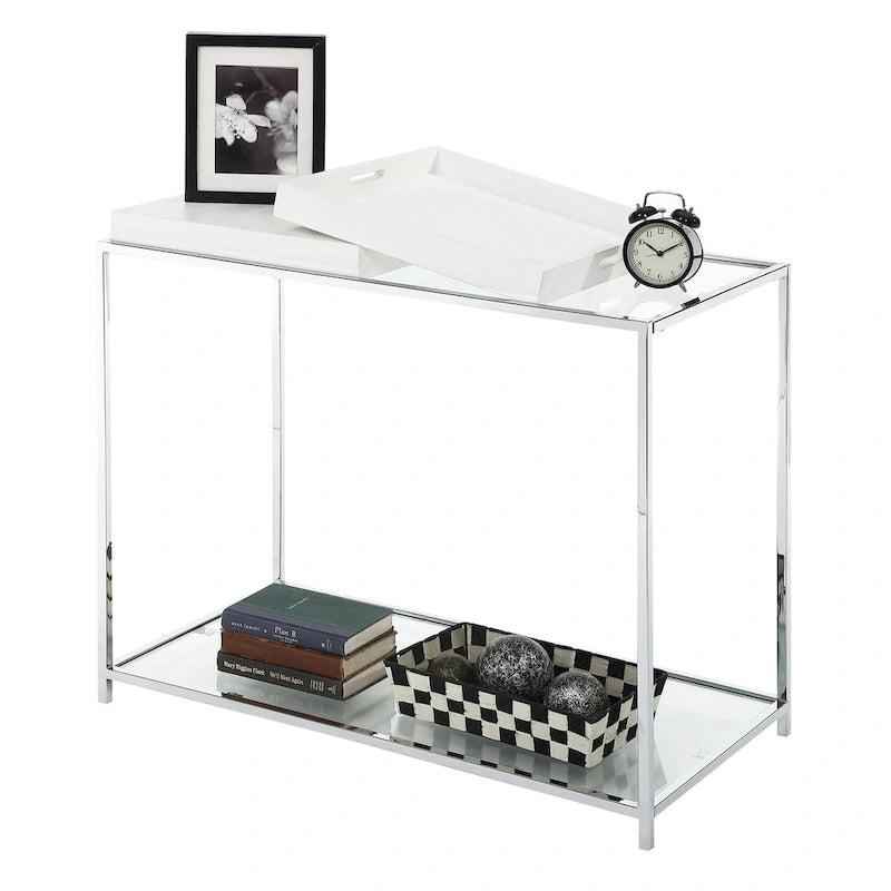 Chrome Console Table with Glass Shelves and Reversible Serving Trays