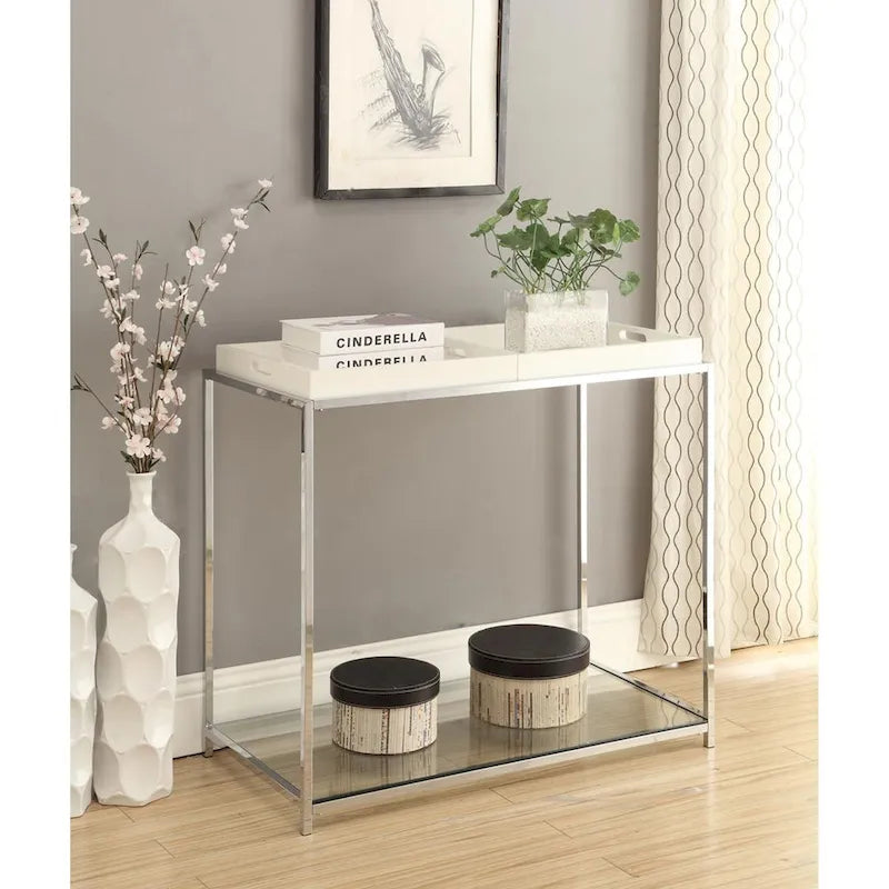 Chrome Console Table with Glass Shelves and Reversible Serving Trays