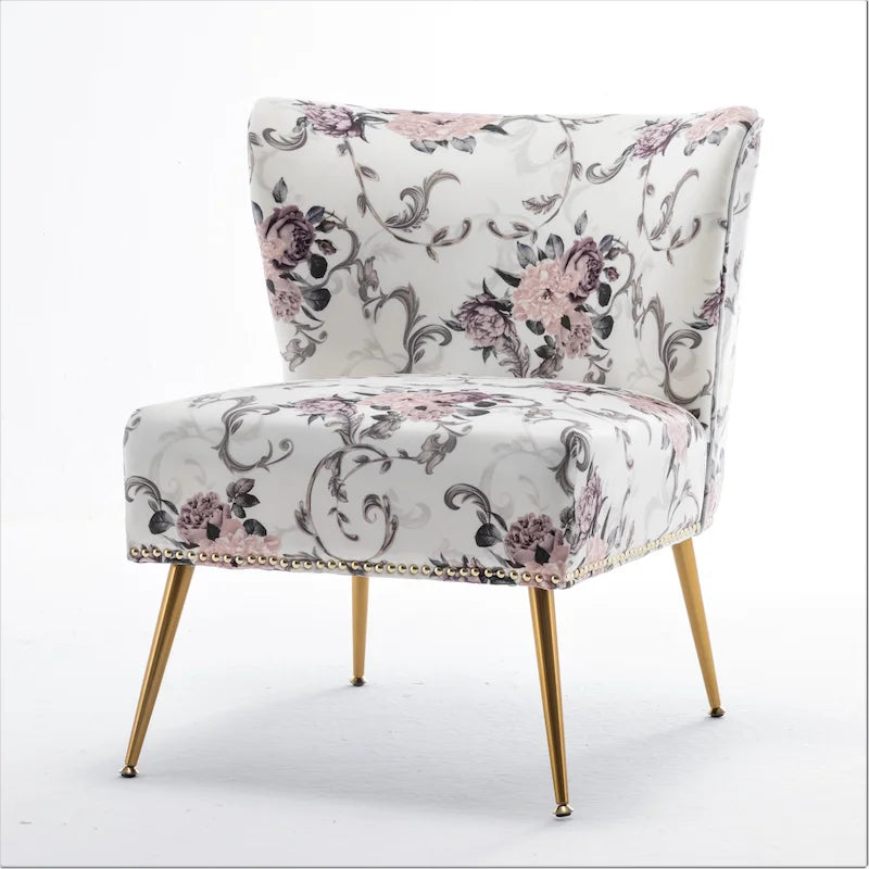 Armlehnloser Akzent-Slipperstuhl aus Mikrofaser mit Blumenprint und Nagelkopfbesatz
