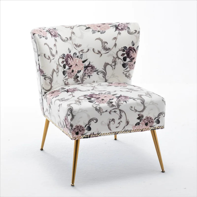 Armlehnloser Akzent-Slipperstuhl aus Mikrofaser mit Blumenprint und Nagelkopfbesatz