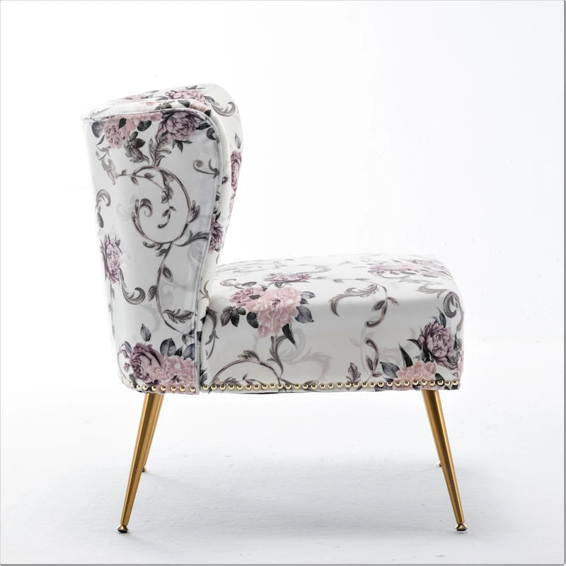 Armlehnloser Akzent-Slipperstuhl aus Mikrofaser mit Blumenprint und Nagelkopfbesatz