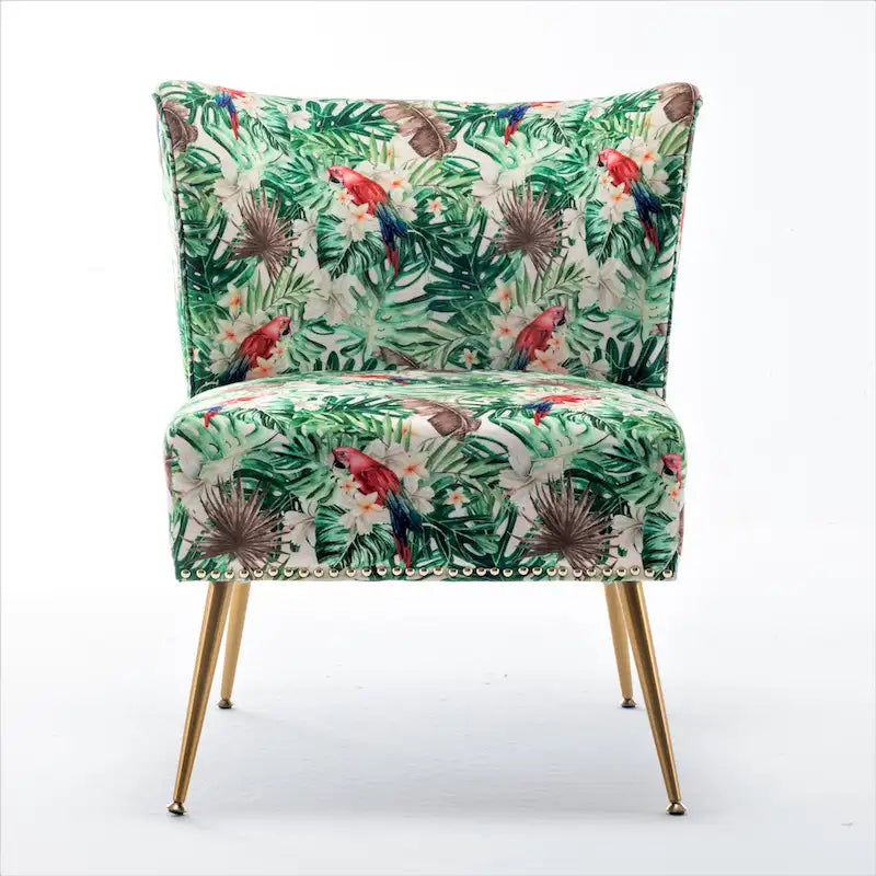 Armlehnloser Akzent-Slipperstuhl aus Mikrofaser mit Blumenprint und Nagelkopfbesatz