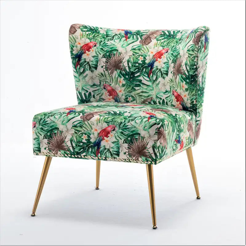 Armlehnloser Akzent-Slipperstuhl aus Mikrofaser mit Blumenprint und Nagelkopfbesatz