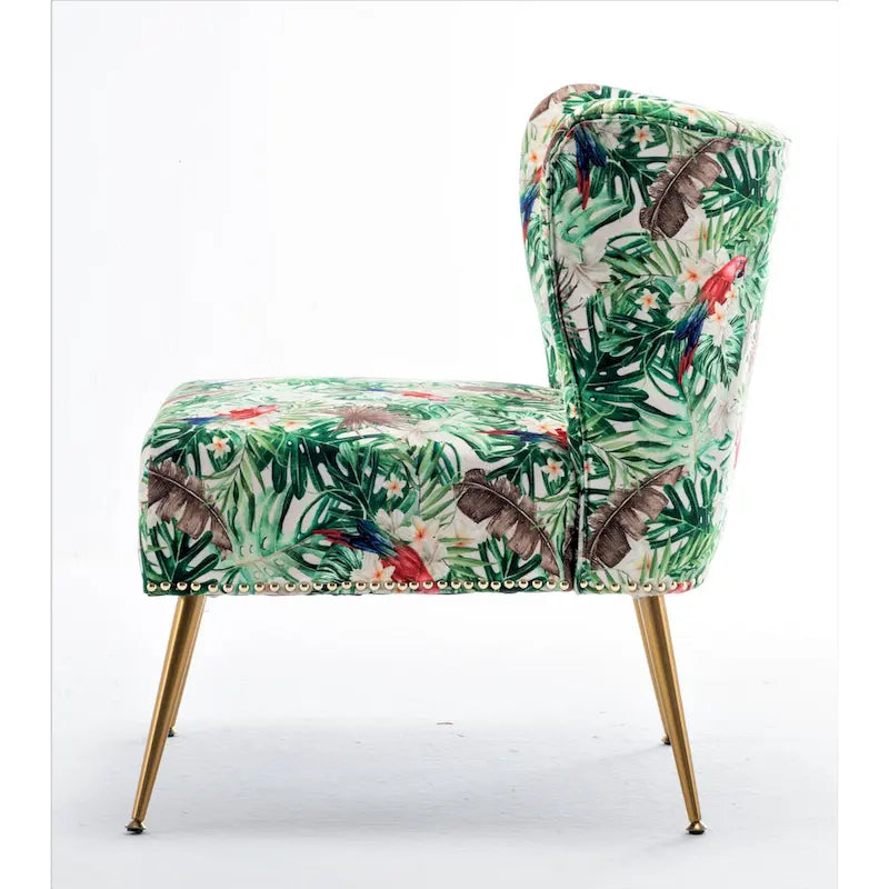 Armlehnloser Akzent-Slipperstuhl aus Mikrofaser mit Blumenprint und Nagelkopfbesatz