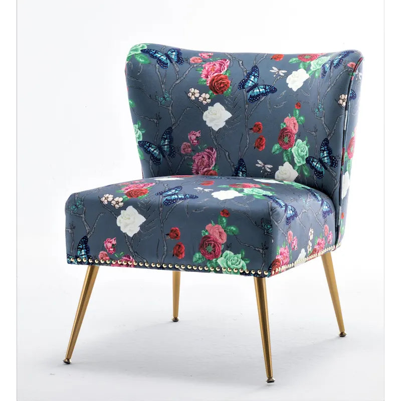 Armlehnloser Akzent-Slipperstuhl aus Mikrofaser mit Blumenprint und Nagelkopfbesatz