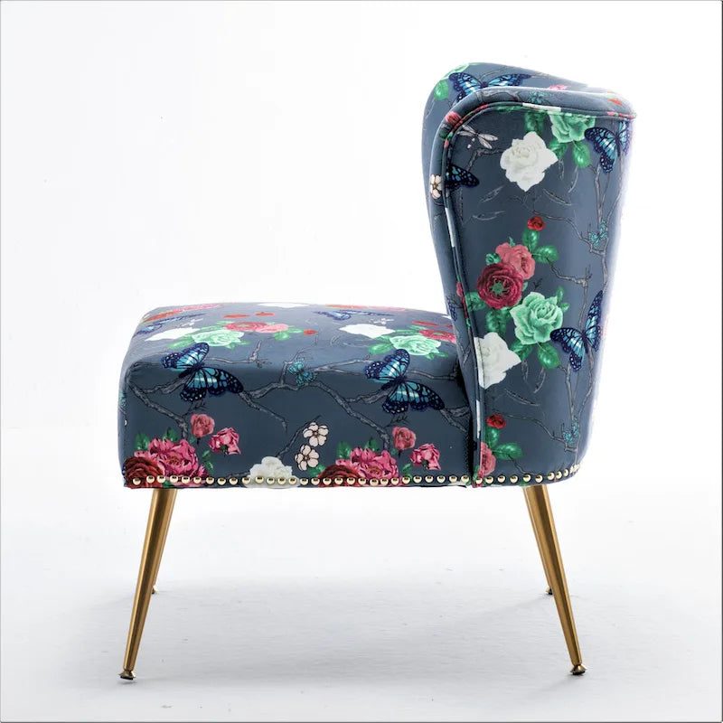 Armlehnloser Akzent-Slipperstuhl aus Mikrofaser mit Blumenprint und Nagelkopfbesatz