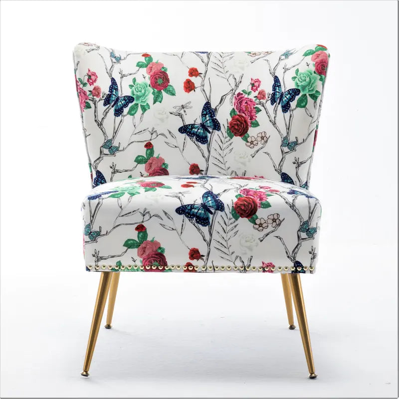 Armlehnloser Akzent-Slipperstuhl aus Mikrofaser mit Blumenprint und Nagelkopfbesatz
