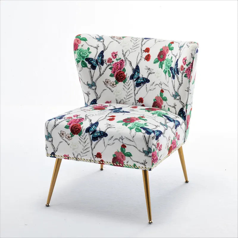 Armlehnloser Akzent-Slipperstuhl aus Mikrofaser mit Blumenprint und Nagelkopfbesatz