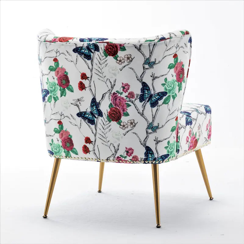 Armlehnloser Akzent-Slipperstuhl aus Mikrofaser mit Blumenprint und Nagelkopfbesatz