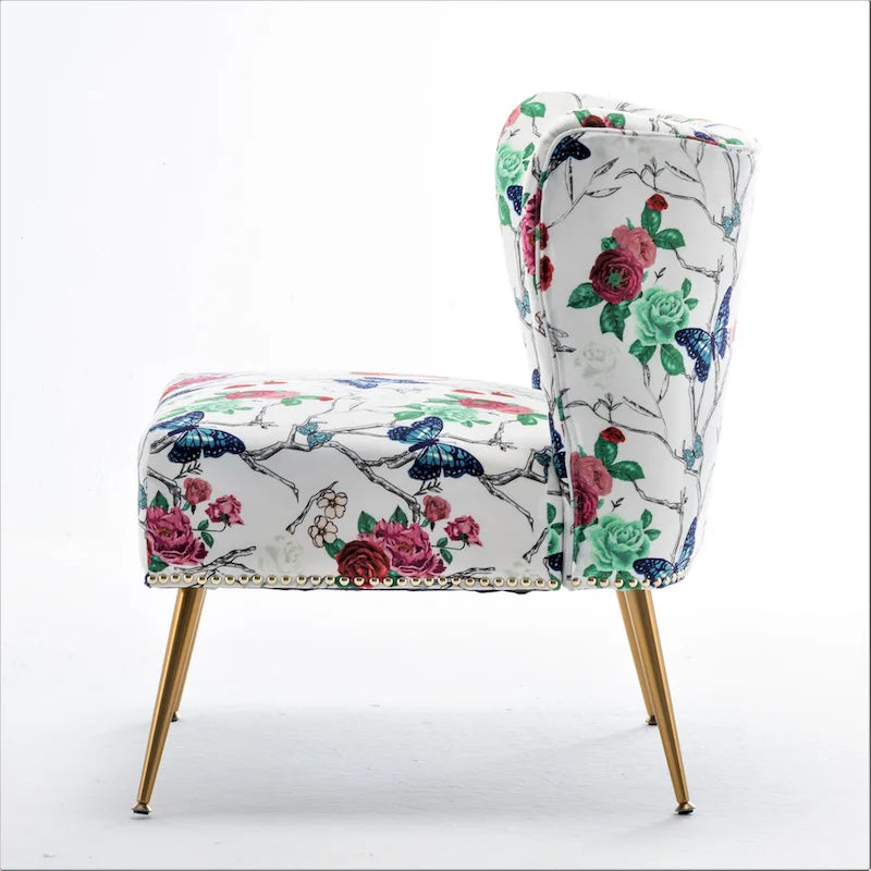 Armlehnloser Akzent-Slipperstuhl aus Mikrofaser mit Blumenprint und Nagelkopfbesatz