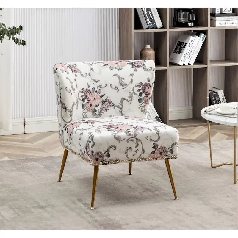 Armlehnloser Akzent-Slipperstuhl aus Mikrofaser mit Blumenprint und Nagelkopfbesatz