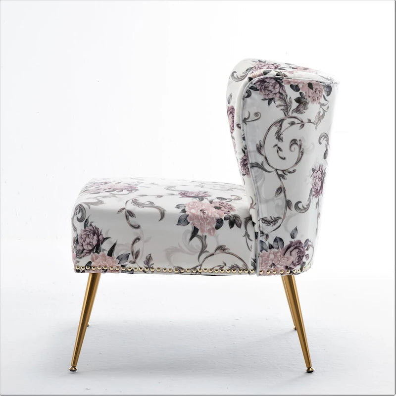 Armlehnloser Akzent-Slipperstuhl aus Mikrofaser mit Blumenprint und Nagelkopfbesatz