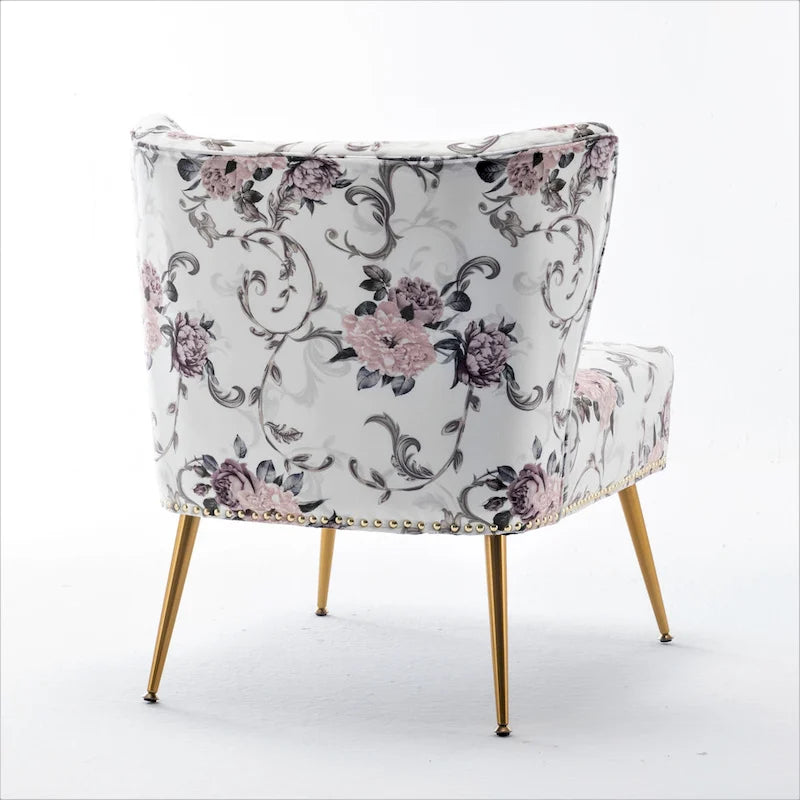 Armlehnloser Akzent-Slipperstuhl aus Mikrofaser mit Blumenprint und Nagelkopfbesatz