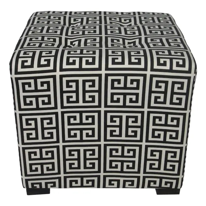 Square Tufted Ottoman with Greek Key Pattern Cotton Upholstery Wood Legs