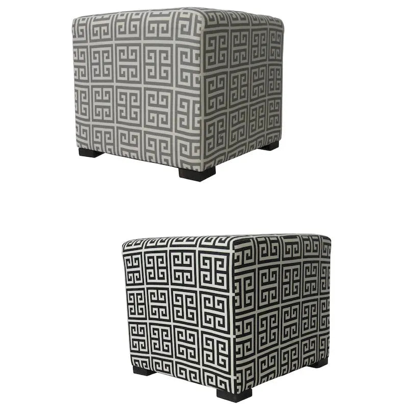 Square Tufted Ottoman with Greek Key Pattern Cotton Upholstery Wood Legs